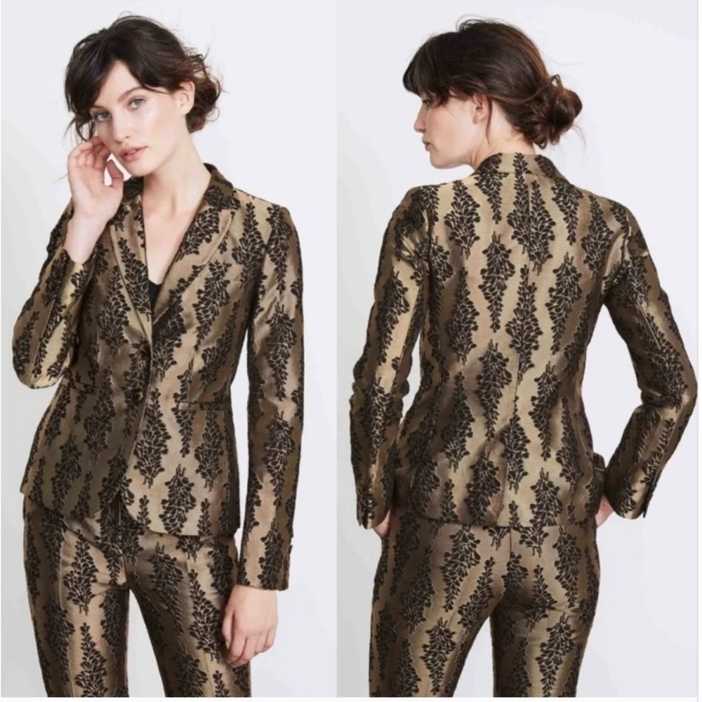 Boden Jacquard Party Blazer Women Size 6 Gold Black Botanical‎ Leaf Jacket Fancy